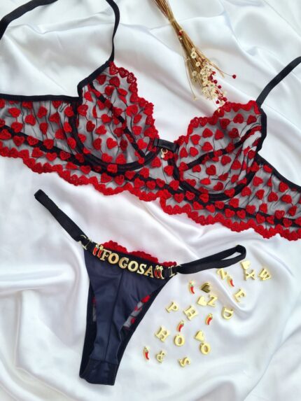Conjunto Corações Preto/Vermelho s/bojo fio duplo Personalizável
